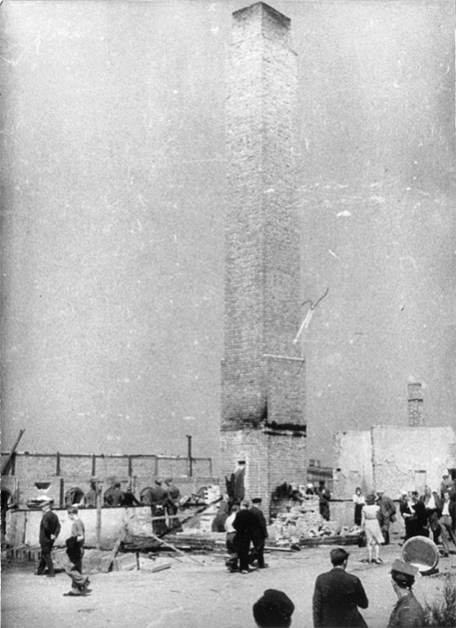 Польские мирные жители у крематория для сжигания трупов узников концлагеря Майданек под Люблином в Польше