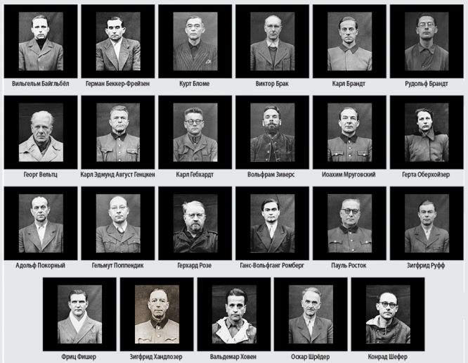 Подсудимые Нюрнбергского процесса по делу врачей.