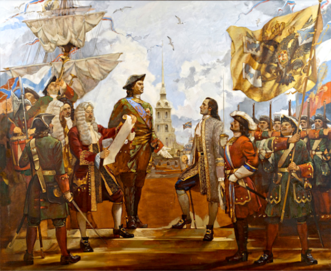 «Оглашение указа Петра I о назначении А. М. Девиера на должность генерал-полицмейстера г. Санкт-Петербурга. Художник А. А. Шумейко