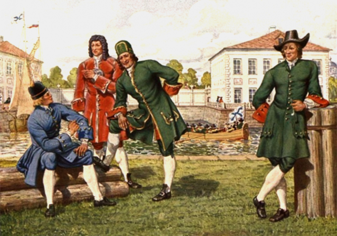 Гребцы из состава «яхтенной и гребецкой команды», начало XVIII века. Рисунок из книги «Памятка гвардейского экипажа»