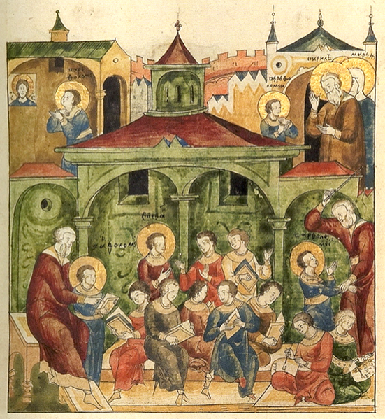 Обучение отрока Варфоломея. Миниатюра из рукописного лицевого «Жития преподобного Сергия Радонежского». XVI в.