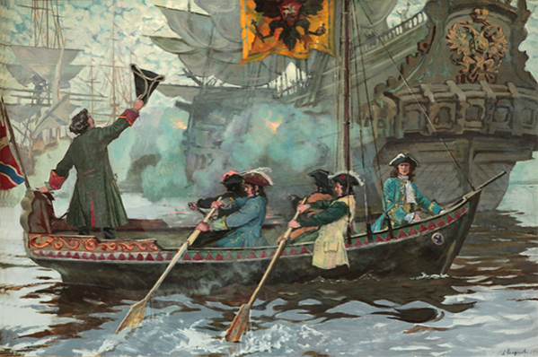 Петр I с ботика приветствуют военные корабли